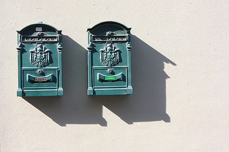 Poczta, letterbox, zielony, ściana, cień