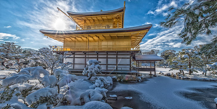 Kinkaku-ji, neve, luz de fundo, o patrimônio cultural, Kyoto, Japão, Inverno