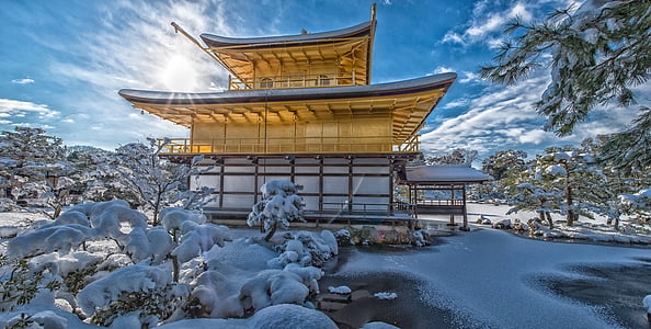 kinkaku ji, snow, backlight, the world cultural heritage, kyoto, japan, winter