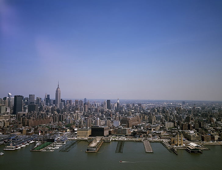 Fluss, Docks, Manhattan, Skyline, Hafen, Schiffe, Blick
