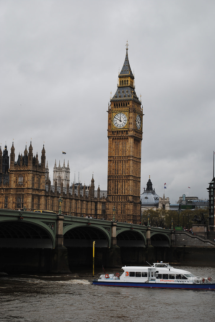 Londýn, Anglie, hodiny, řeka, pohled na budovu, Parlament, Architektura