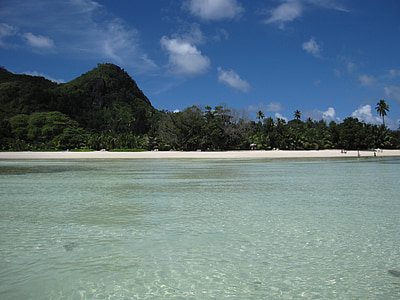 praia, Costa, Seychelles, palmas das mãos, paraíso, mar, azul
