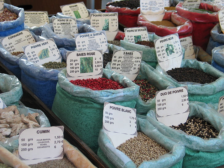 herbes, pebre, inferior, mercat, França, aliments