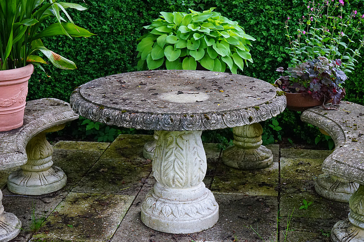 Tabuľka, kamenný stôl, posedenie, idylické, formálne Záhrada, vonku