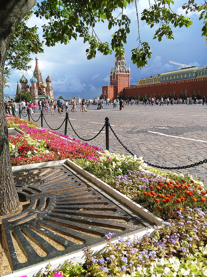 Moszkva, Vörös tér, Szent basil, székesegyház, felhős, építészet, híres hely