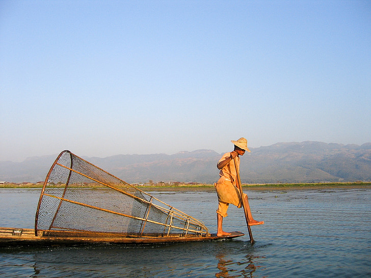 Burma, fiske, tyst hav, mannen, båt