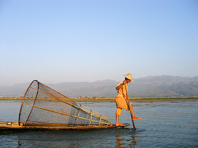 Burma, fiskeri, roligt hav, mand, båd