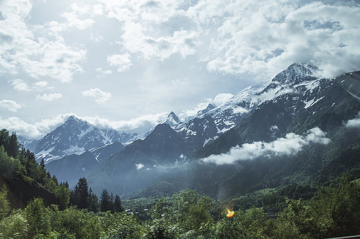 black, mountain, covered, white, clouds, daytime, mountains