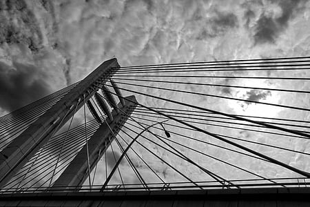 bridge, black and white, engineering, clouds