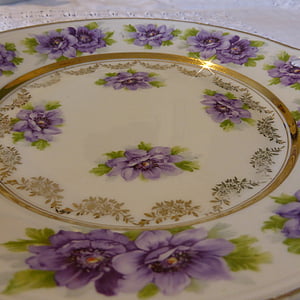 plate, porcelain, old plate, ditzy, violet, tableware, gold edge