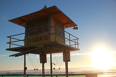 lifeguard, beach, summer, sunrise, sea, sunset