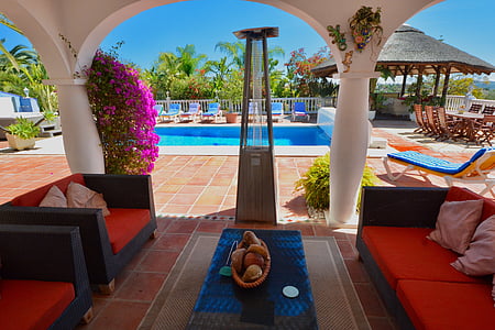 Villa, achtertuin, Vakantievilla, ontspannen, zitplaatsen, vakantie, luxe