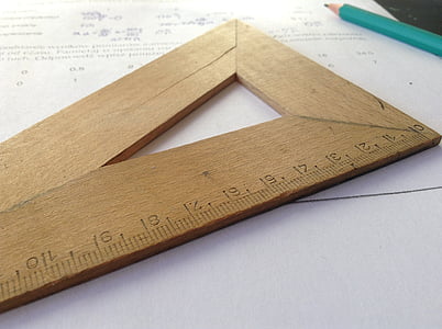 hnedá, drevené, pravítko, papier, ceruzka, škola, meranie
