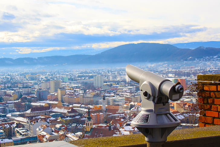 Graz, binoculares, Ver, ciudad, Styria, Austria, Schlossberg
