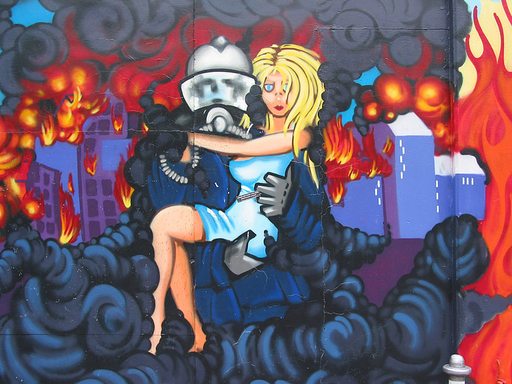 Графити, огън, rescueing, пожарникар, Помощ, Хубава, блондинка