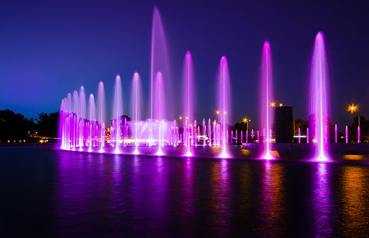fountain, multimedia, warsaw, light, water, city, color
