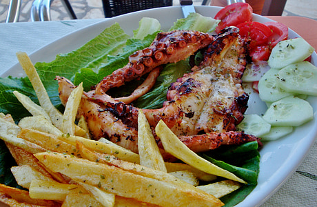food, octopus, seafood, french fries, restaurant