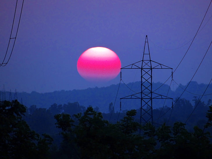 puesta de sol, Torre eléctrica, Torre eléctrica, montañas, Shimoga (distrito), Karnataka, India