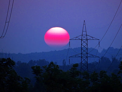 coucher de soleil, pylône électrique, tour électrique, montagnes, Shimoga, Karnataka, Inde