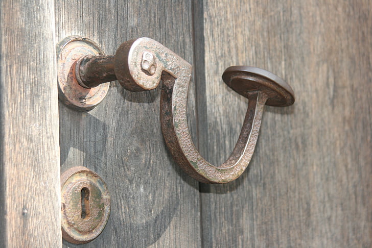 door handle, old, metal, wood, door, door knob, capping