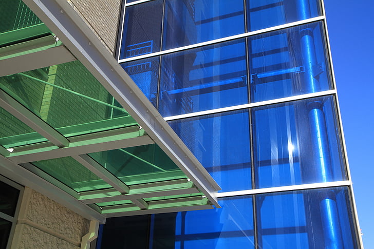 klaasist hoone, sinine, roheline, arhitektuur