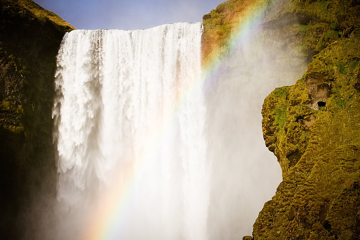rainbow, waterfall, iceland, water, nature, landscape, travel