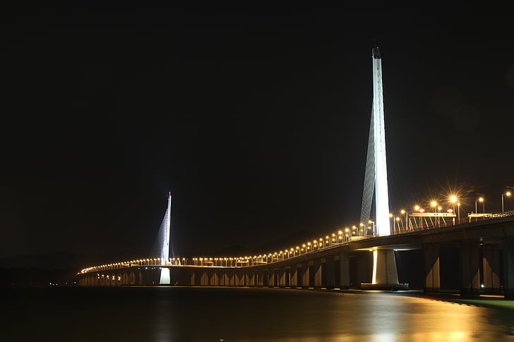 az éjszaka, híd, Shenzhen bay bridge, nyugati folyosó