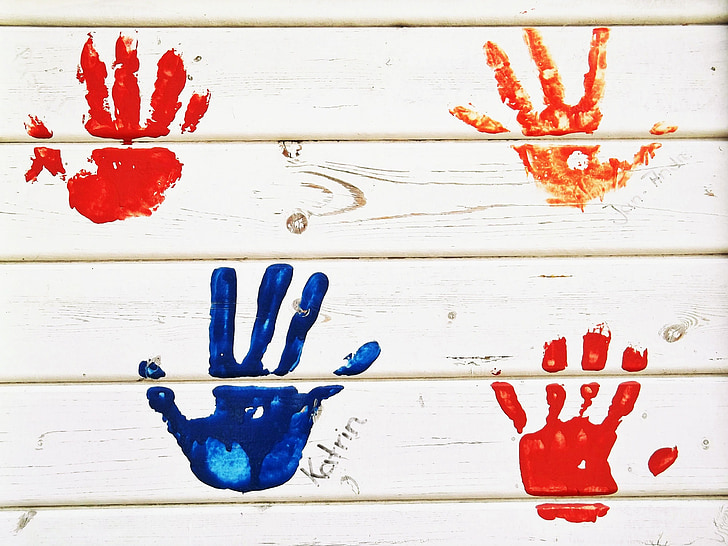 handprint, hender, farge, vegg, tre, fargerike, opptrykk