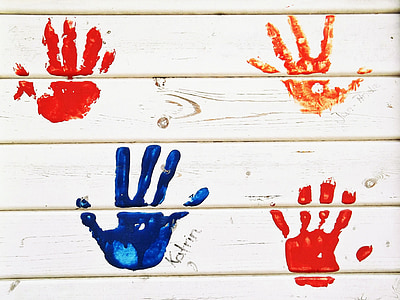 Handprint, mani, Colore, parete, legno, colorato, ristampa