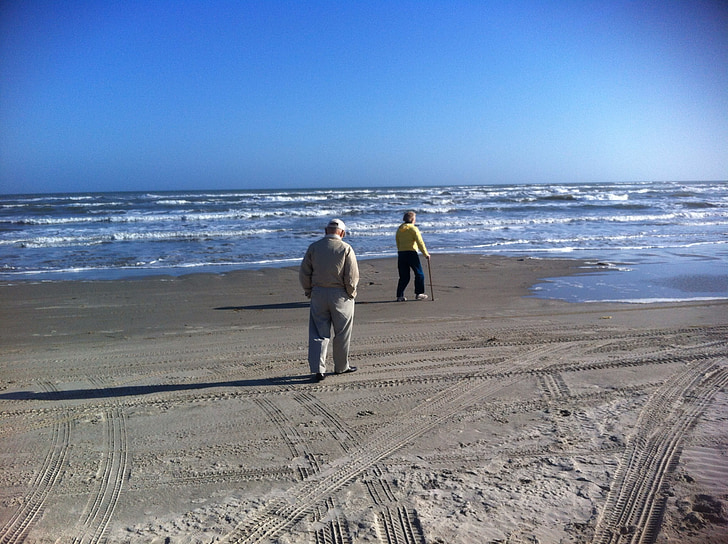 besteforeldre, Texas, kysten, Gulf, stranden, Mustang øya, sand