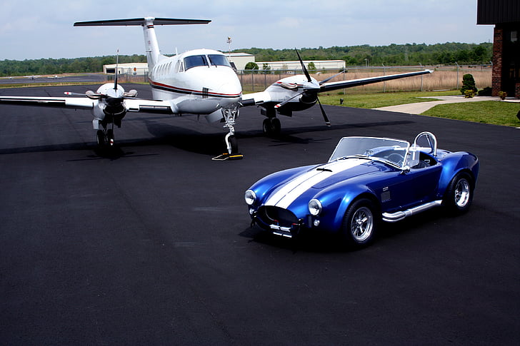 shelby cobra, private plane, air strip, classic car, racing, transportation, airplane