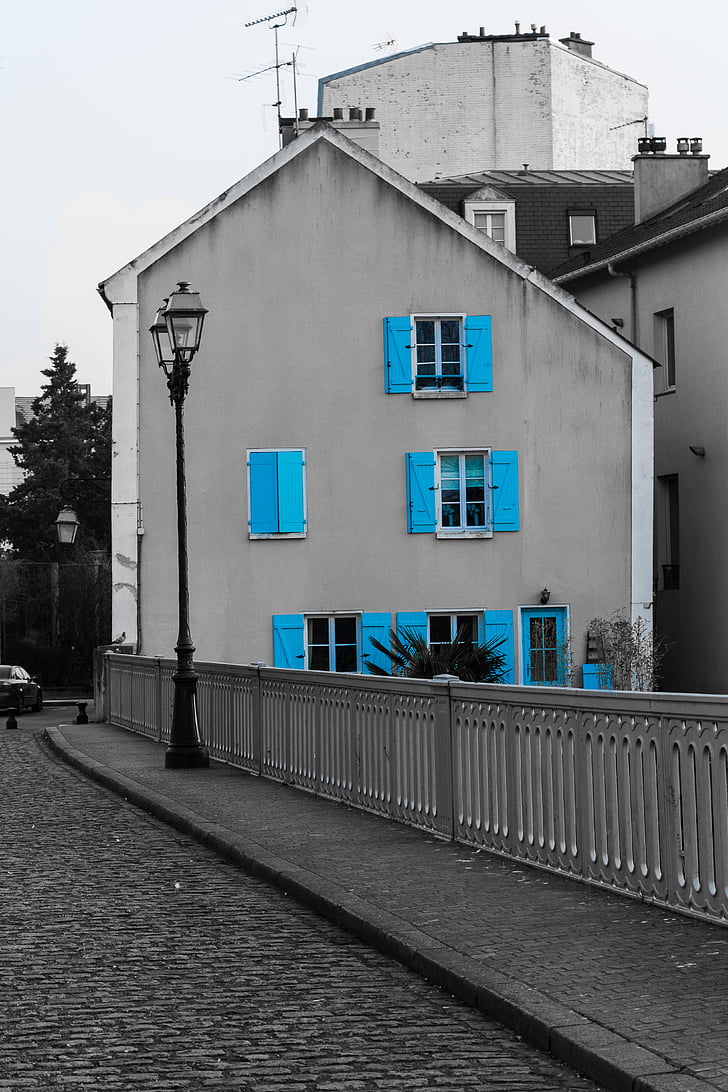 hus, rude, blå, vindue, vekselvirkende, fortov, Bridge