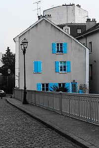 Casa, panel de, azul, ventana, reverbero, pavimento, puente