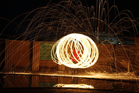 steel wool, fire, light, circle, sparks, glowing, burning