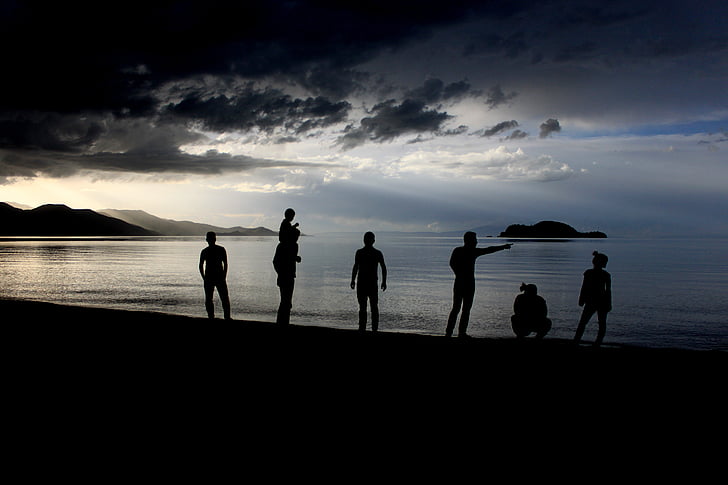 silueta, humano, luz de reversa, Lago, Playa, nubes, Turquía