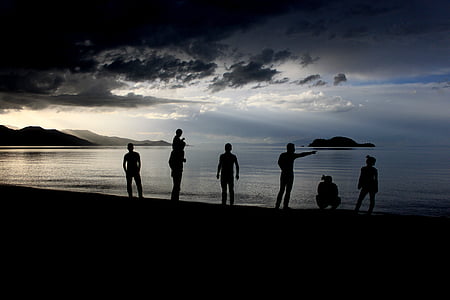 silhouet, menselijke, omkeren van licht, Lake, strand, wolken, Turkije