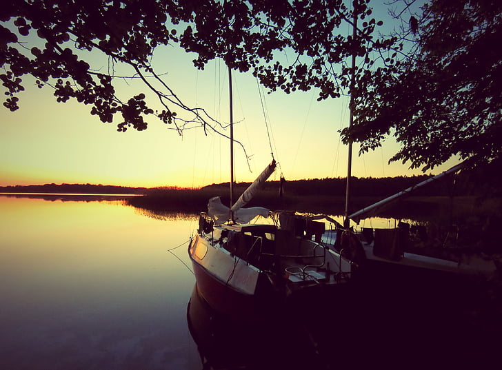 nostalgi, tystnaden, naturen, sjön, solnedgång, segelbåt, Yacht