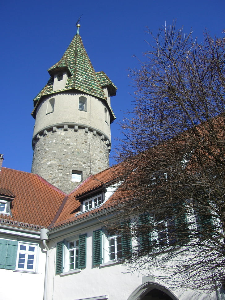Ravensburg, zelená věž, obloha, modrá