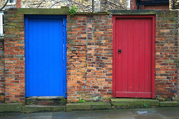 portes, vermell, blau, entrada, casa, casa, fusta