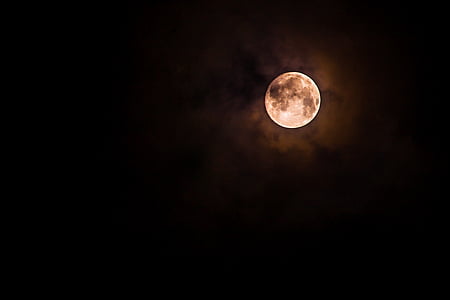 pilnas, mėnulis, tamsus, naktį, šliaužiantis, debesys, Astronomija