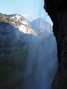 staubbachfall, ūdenskritums, -rudenī, Lauterbrunnen, stāvas, aerosols, stāvas sienas