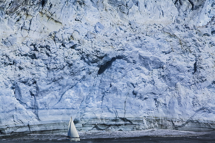 boat, top, body, water, near, ice, mountain