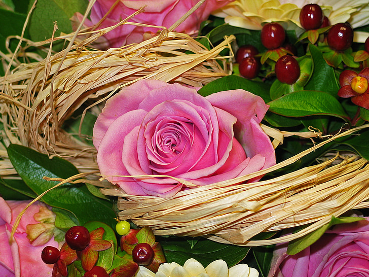 kimppu, kukat, kukkakimpun, ruusut, vaaleanpunainen, maljakko, Morsiuskimput