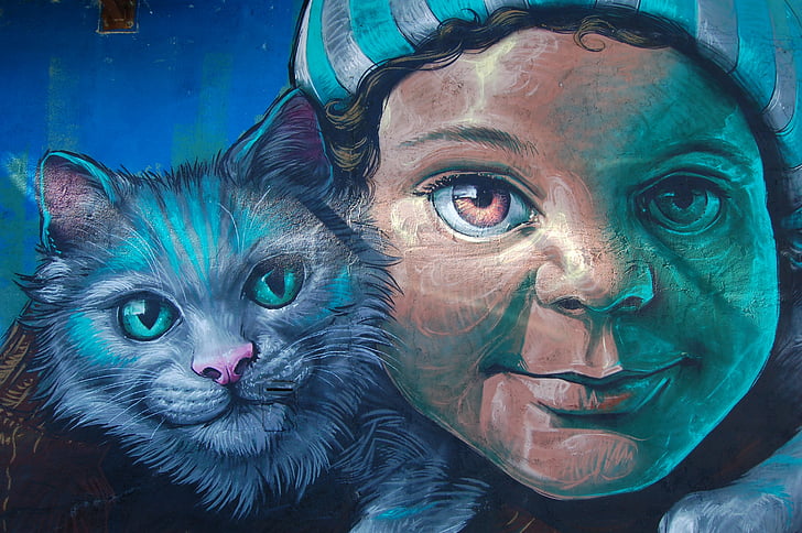 peinture, jeune fille, à côté de, gris, chat, peinture murale, mur
