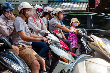 robogó, sisak, biztonsági, lány, szennyezés, gyermekek, Vietnam