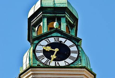 architecture, blue sky, building, clear sky, clock, clock tower, outdoors