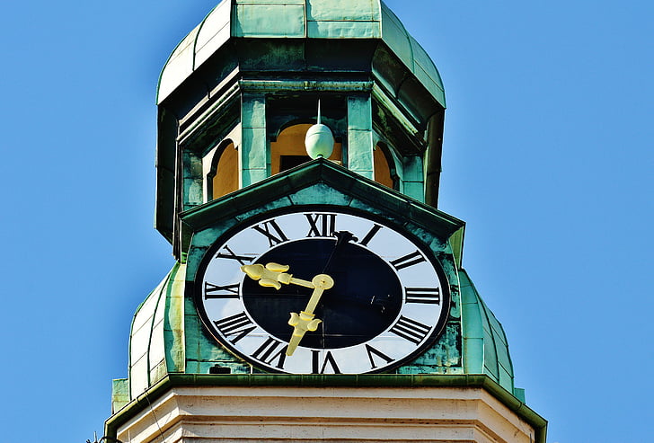 clock tower, church, old peter, marienplatz, time of, steeple, clock