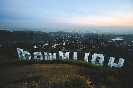 Hollywood, aèria, urbà, ciutat, viatges, aventura, núvols