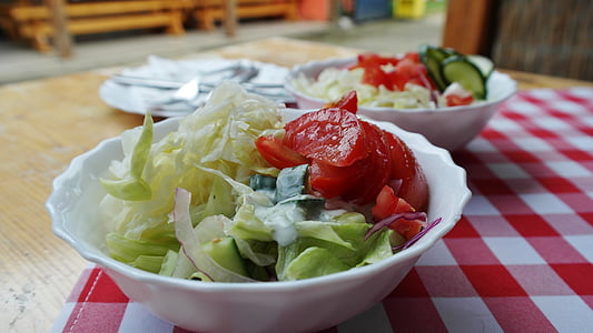 salat, blandet, supplere, tomater, agurker, sund, vitaminer