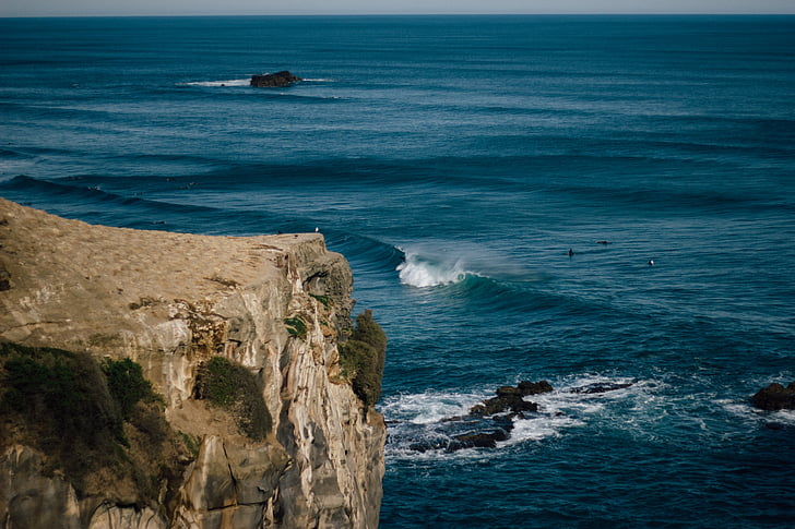 cliff, beside, body, water, sea, ocean, waves